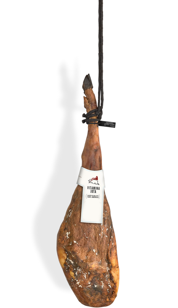 Jamón ibérico 100% de bellota entero, colgado con su vitola y precinto Vitamina Jota