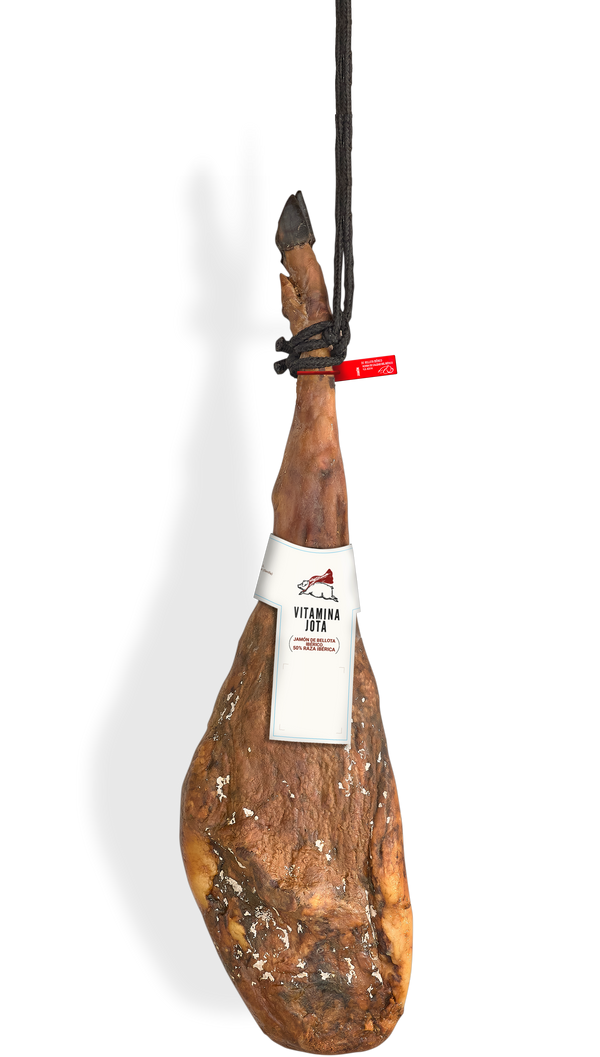 Jamón ibérico 50% de bellota raza ibérica entero, colgado con su vitola Vitamina Jota