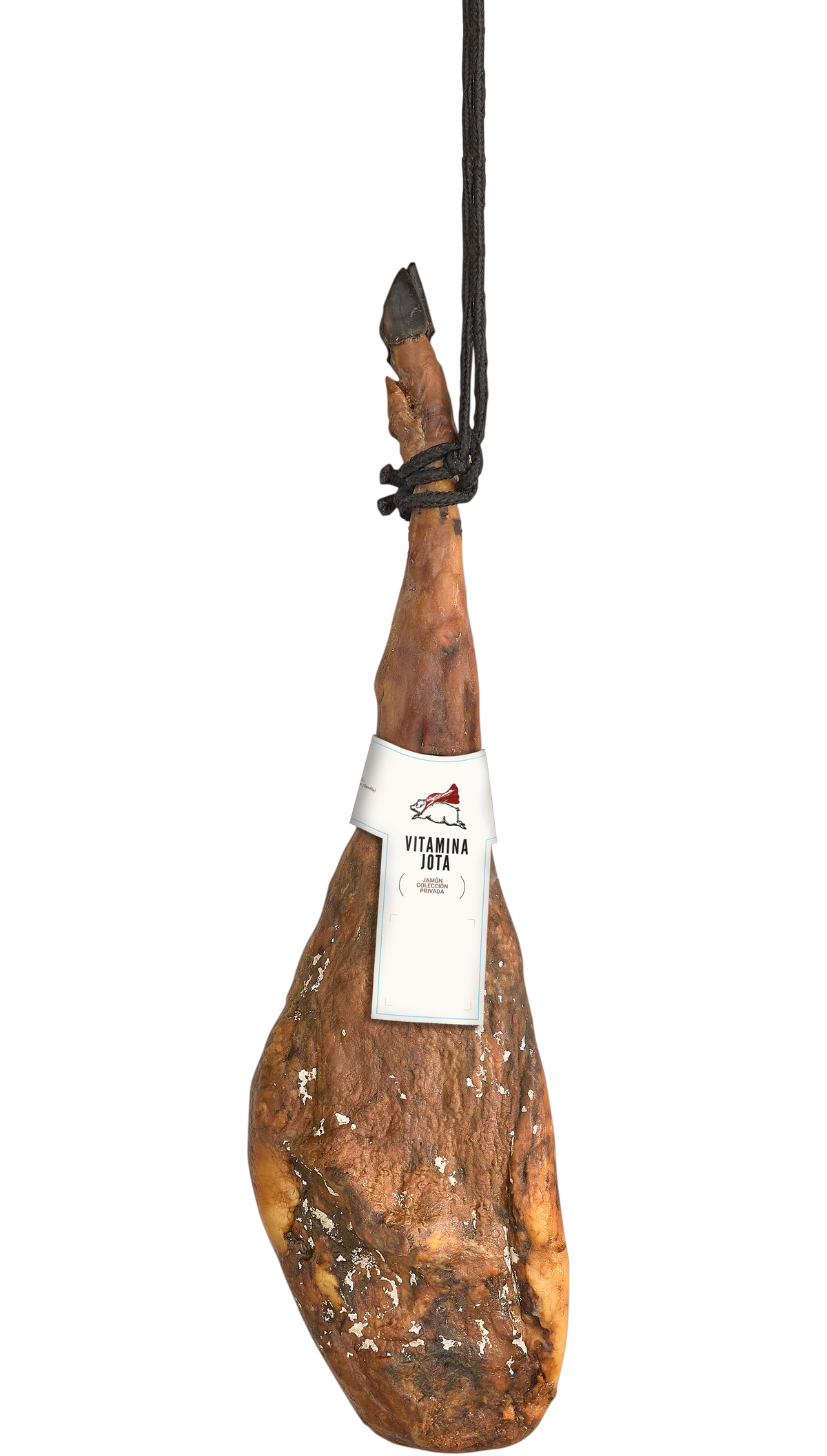 Jamón ibérico fuera de norma Colección Privada entero, colgado con su vitola Vitamina Jota